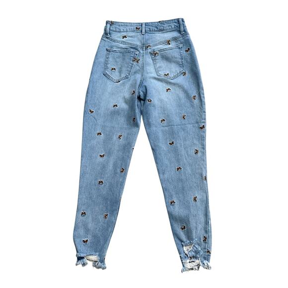 LOVE FIRE Womens Size 3 Embroidered Butterfly Tapered High Waist Mom Blue Jeans - Picture 2 of 9